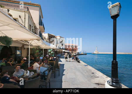 Cafe Bar by the Venetian Harbour in the Old Town, Chania, North West Coast, Crete, Greece Stock Photo