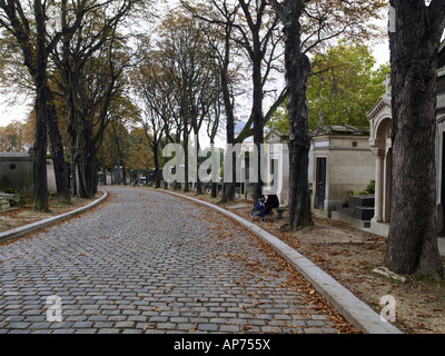 Pere Lachaise Cemetery in Paris showing one solitary person sitting down next to sweeping curved cobbled road with fallen leaves Stock Photo