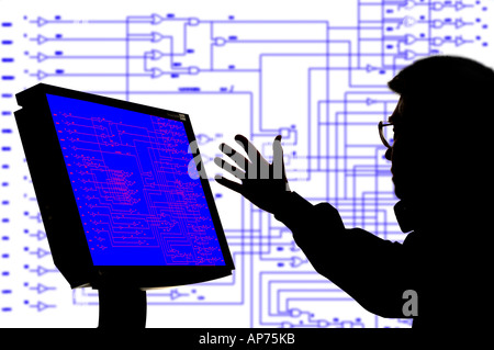engineer with CAD engineering  circuit board  image on monitor and background Stock Photo