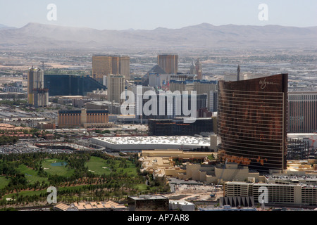 The Wynn Hotel and golf course at Las Vegas and The Strip from the top of the Stratosphere Tower Stock Photo