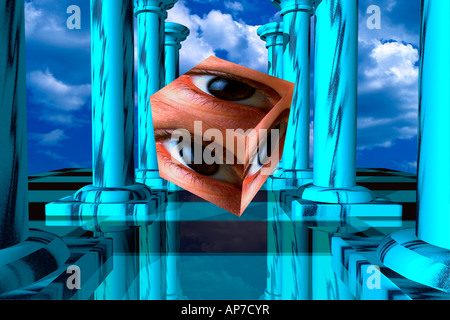 Human eye, Columns 3D pink sky, digital composite Stock Photo