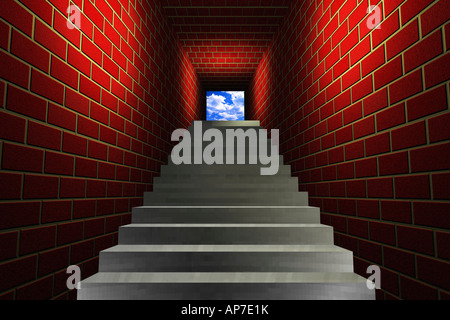 Stairway going up to the sky, brick walls, concept, digital composite Stock Photo