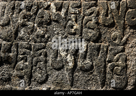 Tibetan inscriptions on a mani stone Stock Photo
