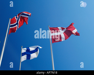 flags of the nordic countries, Norway, Denmark, Finland Stock Photo