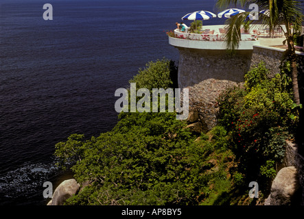 restaurant atop cliff, cliffside restaurant, Mexican food and drink, Mismaloya Cove, Bay of Banderas, Puerto Vallarta, Jalisco State, Mexico Stock Photo