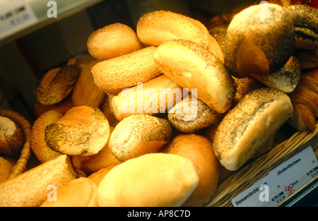 High angle view of assorted breads in a basket Stock Photo
