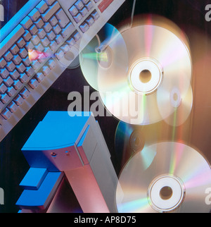 High angle view of computer keyboard and CDs Stock Photo