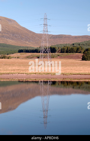 Pylon Reflections on the British Aluminium Spey Dam Glen Shero. Laggan. Scotland.. Laggan. Scotland.  XPL 3455-337 Stock Photo