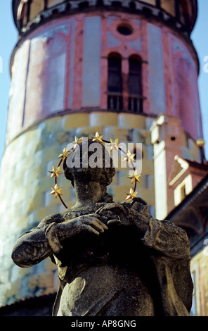 Close up of the statue of the Virgin Mary Immaculate in front of the Castle Tower, Cesky Krumlov, Czech Republic, Europe Stock Photo