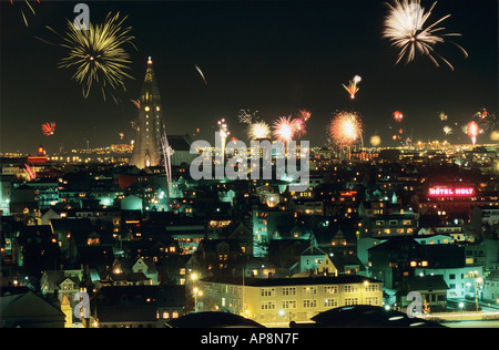 New Years Eve in Reykjavik Fireworks over Reykjavik Stock Photo