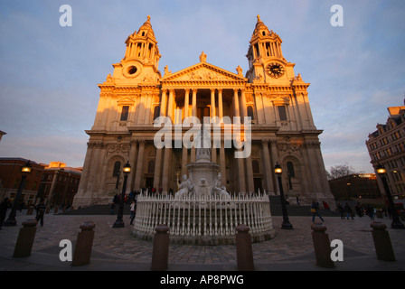 The front of St Paul's Cathedral in golden evening sunlight. Stock Photo