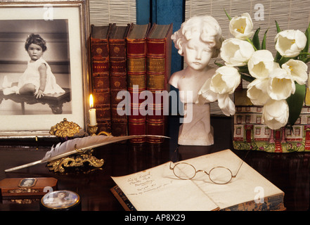 Residential interiors. Library. Old fashioned home library. Books, white flowers, vintage photograph of a child, candlelight, mementos and memories. Stock Photo