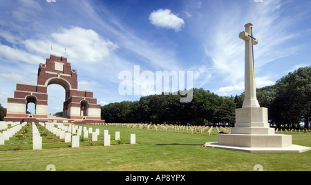 Cross of sacrifice in the cemetery at the rear of the Thiepval Monument to the missing of WW1 on the Somme, France Stock Photo