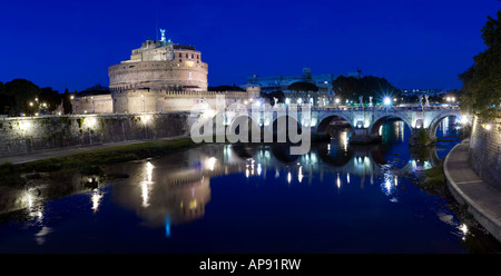 Castel Sant Angelo Rome at night Panoramic shot with reflection on river Stock Photo