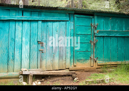 Old Wood Blue Shack in Rancho Nuevo near San Cristobal de las Casas Chiapas Mexico Stock Photo