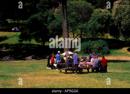 tourists people friends and family getting together having a family picnic at Angel Island State Park on Angel Island in San Francisco Bay California Stock Photo