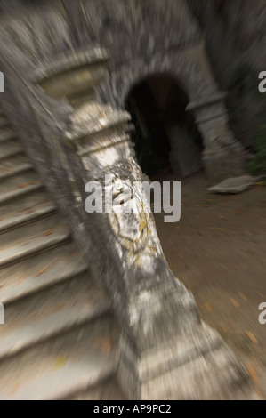 Blur dragon Stone head stairs in Moserrate palace, Sintra, Portugal, Europe Stock Photo