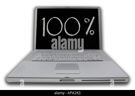 LAP TOP NOTEBOOK PERSONAL COMPUTER WITH SCREEN DISPLAYING ONE HUNDRED PERCENT WRITTEN IN WHITE CHALK Stock Photo