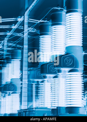 High voltage power line details mounted on a concrete pole. High ...