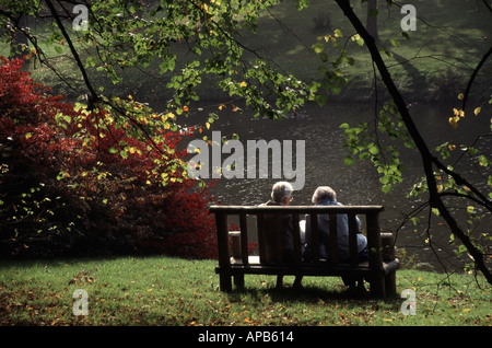 Back view of pensioner mature senior citizen man & woman couple sitting on riverside bench seat surrounded by back lit woodland trees & leaves England Stock Photo