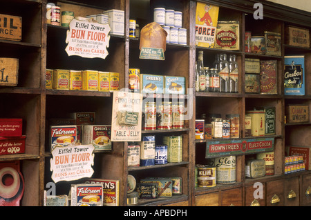 Museum of Lincolnshire Life Victorian Grocers Shop old pakaging wooden shelves jars bottles Stock Photo