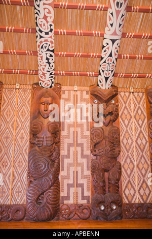 Maori carved wood design detail inside Whare runanga marai Waitangi meeting house in Treaty Grounds National Reserve New Zealand Stock Photo