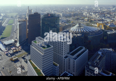 Berlin.Skyline. Potsdamer Platz with high-rise buildings with Sony Center, Ritz Carlton Hotel and Beisheim Center from above. Stock Photo