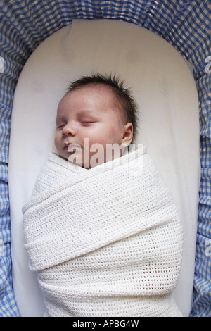 A newborn baby sleeps swaddled in a blanket in a Moses basket. Stock Photo