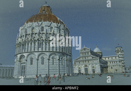 Impressionistic view of  Piazza/Campo dei Miracoli comprising of cathedral, baptistry, leaning tower and cemetery, Pisa, Italy Stock Photo