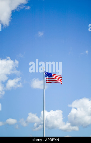 American flag stars and stripes on flagpole blows in the wind patriotic proud Americana USA red white and blue America Stock Photo