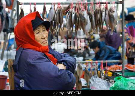 Old Korean Woman Selling Dried Fish Namdaemun Market Seoul South Korea Stock Photo