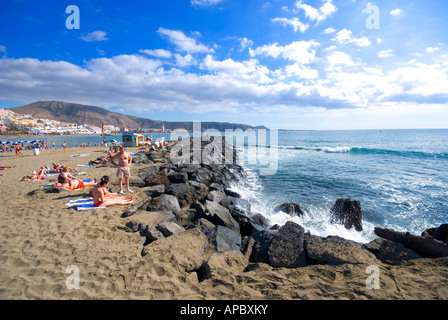 Playa de Las Vistas in Los Cristianos, Tenerife island, is considered one of the best beaches of the Canary Islands, Spain. Stock Photo
