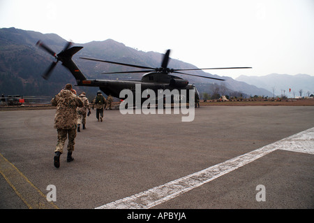 A Helikopter of the German Army (Bundeswehr) in the earthkake affected area, NWFP, Pakistan Stock Photo