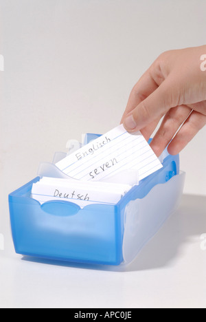 Card index box with vocabulary cards Stock Photo