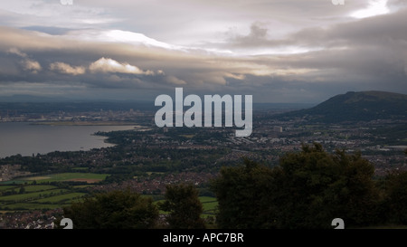 Belfast seen from the Knockagh Monument, Carrickfergus, Co. Antrim, N. Ireland Stock Photo