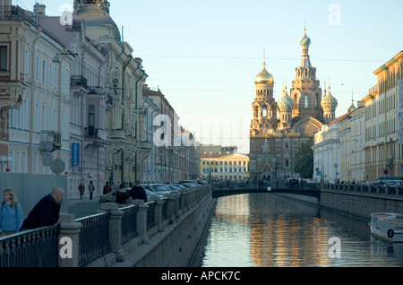 In the distance can be seen the Cathedral of Spilt Blood in Saint Petersburg Russia Stock Photo