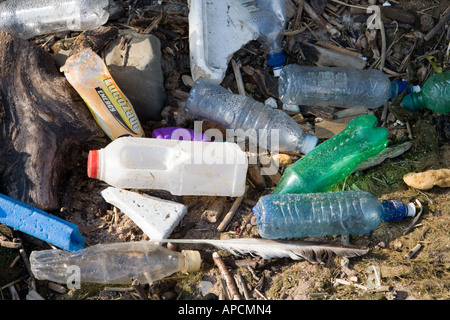 Collection of platic bottles on beach Stock Photo