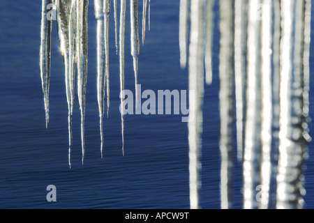 Icicles on Lake Tahoe in California at sunrise. Stock Photo