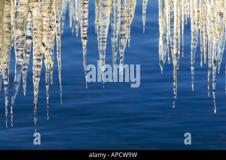 Icicles on Lake Tahoe in California at sunrise. Stock Photo