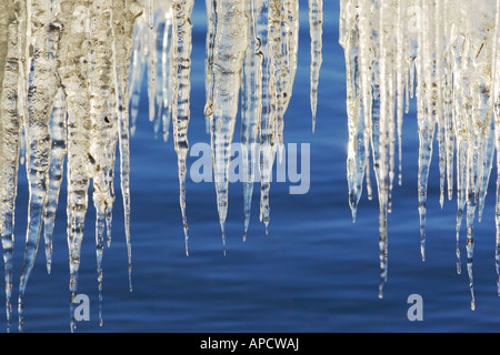 Icicles on Lake Tahoe in California at sunrise. Stock Photo