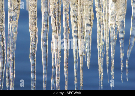 Icicles on Lake Tahoe in California at sunrise. Stock Photo