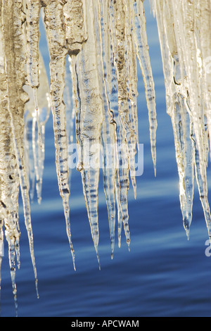 Icicles on Lake Tahoe in California at sunrise. Stock Photo