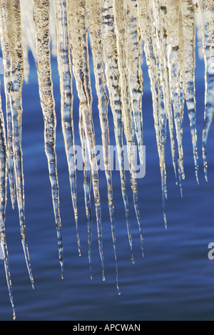 Icicles on Lake Tahoe in California at sunrise. Stock Photo