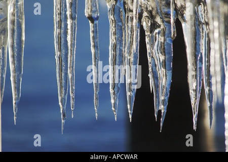 Icicles on Lake Tahoe in California at sunrise. Stock Photo