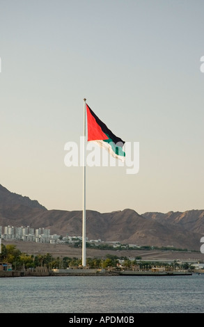 Huge flag flying over the Gulf of Aqaba, Hashemite Kingdom of Jordan, Middle East.  DSC 4799 Stock Photo
