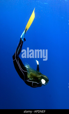 Tanya Streeter diving in the Turks Caicos Islands 2002 Stock Photo