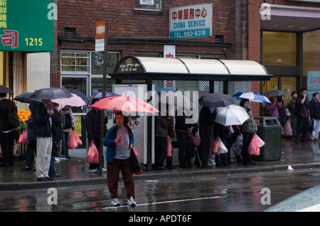 Bus stop rainy day Chinatown  umbrellas and pink bags Stock Photo