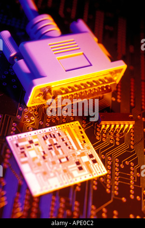cable and mini circuit board on larger circuit board Stock Photo