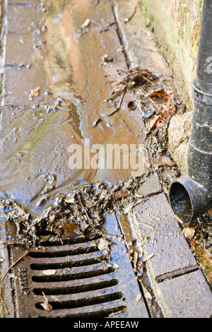 Water, sand and plant debris running into a drain, Guildford, Surrey, England. Stock Photo