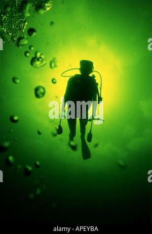 Under water scuba diver with bubbles Stock Photo